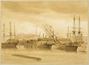 Eastern Wapping Dock, jossa näkyy parkki "Avon" varastossa tekijältä Thomas Leeson the Elder Rowbotham