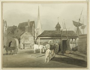 King Streetin koillispää, jossa näkyy Walesin markkinat vuonna 1802 (akvarelli paperille) tekijältä Thomas Leeson the Elder Rowbotham