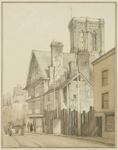 Temple Street, jossa näkyy Tower of Temple Church (akvarelli paperille) tekijältä Thomas Leeson the Elder Rowbotham