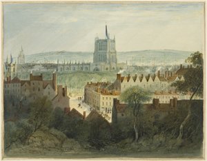 Katedraali, College Green ja College Street (akvarelli paperille) tekijältä Thomas Leeson the Elder Rowbotham