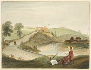Totterdown ja Pile Hill Bath Roadilta, jossa näkyy Brislington Turnpike (Miss Braikenridgen kanssa? Luonnos) tekijältä Thomas Leeson the Elder Rowbotham
