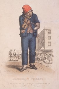 Viulunsoittaja, jolla on käsiproteesi, taustalla tori, 1820