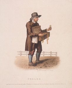 Pedlar tavaralaatikkonsa ripustettuna kaulaansa, 1820