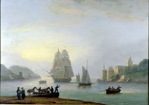 Proomu saapuu Dartmouthin satamaan, etualalla lautta, 1828.