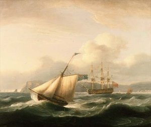 Kaksikerroksinen ankkuroitu Torbayn satamaan, leikkuri etualalla tekijältä Thomas Luny