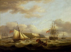 Fregatin perässä kulkeva kutteri, 1800-luvun alku (öljy kankaalle) tekijältä Thomas Luny