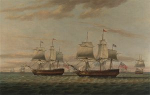 Intiaani ja kaksikerroksinen Hove to, sanotaan olevan Thomas Dumar, Esq. julkaisussa H.M. Alus "Portland" toimitti Leeward Islandin saattueen vuonna 1776 tekijältä Thomas Luny