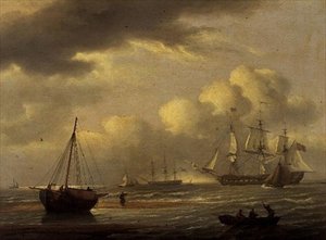 Intiaani oleskelee ja veneitä etelärannikolla tekijältä Thomas Luny
