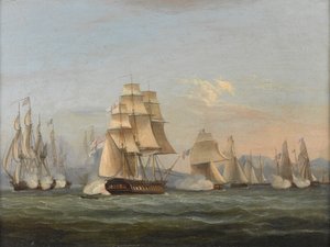 HMS Spartan & French Fregates: The Beginning of Action, 3. toukokuuta 1810 (Napolin lahti) (öljy kankaalle) tekijältä Thomas Luny