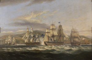 .NEITI. Caledonia ja H.M.S. Boyne jahtaamassa ranskalaista laivastoa Touloniin tekijältä Thomas Luny
