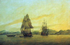 Itä-Intian komppanian kauppalaiva "Hindustan" ja muita aluksia, myös junkkeja, ankkuroituneena Kiinan rannikolle. tekijältä Thomas Luny