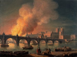 "Westminsterin silta ja parlamenttitalojen polttaminen Lambethistä", 1835 tekijältä Thomas Luny