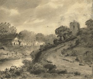 Metsäinen jokimaisema, jossa vasemmalla etualalla kivi, n. 1800