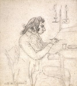 J. M. W. Turner piirustuspöydässä; Verso: rouva Monro Sleep (kynä luonnonvalkoiselle levitetylle paperille)