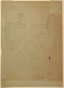 Piirros, Kalliotornit Muaven [Muav] kanjonissa, Colorado, 1873. tekijältä Thomas Moran
