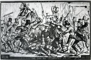 Sarjakuva New Yorkin mellakoista Pyhän Patrickin päivänä 1867, julkaistu Harper