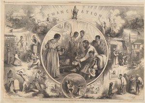 Mustan vapautuminen - Menneisyys ja tulevaisuus Harpers Weeklystä, 24. tammikuuta 1863. tekijältä Thomas Nast