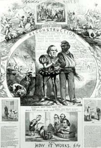 Jälleenrakennus ja miten se toimii, julkaisusta "Harpers Weekly", Vol.10, 1866 (bw print) tekijältä Thomas Nast