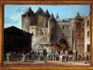 Place du Grand Chatelet Pariisin katukuvassa Ranskan vallankumouksen aikaan. Thomas Naudetin (1778-1810) maalaus