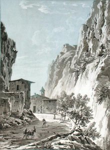 Gondon kylä Simplon Passissa, kuvitus T. Bruun Neergaardin teoksesta Voyage Pittoresque et Historique du Nord d