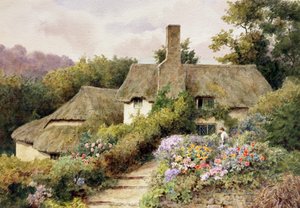 Mökki Selworthyssä, Somersetissä, Englannissa. Nainen englantilaisen maalaistalon puutarhassa. Thomas Nicholson Tyndalen (1860-1930 brittiläinen) maalaus Yksityiskokoelma.