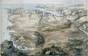 Panoraamanäkymä Englannin ja Ranskan liittoutuneiden armeijoiden juurruttamisesta ennen Sebastopolia (litografia, sävytetty)