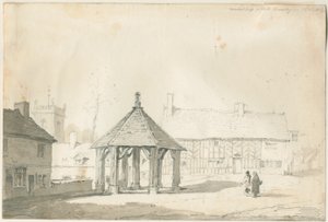 Abbots Bromley Tudor - markkinaristi ja talo: lyijykynä- ja pesupiirros. tekijältä Thomas Peploe Wood