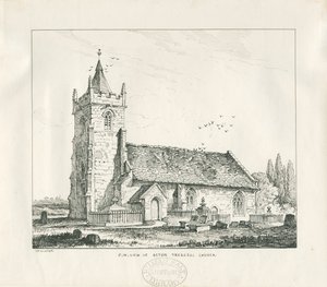 Acton Trussell Church: kynä- ja mustepiirustus, 1838 tekijältä Thomas Peploe Wood