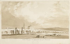 Burton-upon-Trentin silta ja kaupunki: seepiapiirros, 1837 tekijältä Thomas Peploe Wood