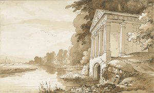 Colwich - Temppeli lähellä Wolseley Bridgeä: seepiapesupiirros, nd [1837-1838] (piirustus) tekijältä Thomas Peploe Wood