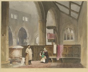 Standonin kirkon sisätilat: akvarellimaalaus ja [?1800-luvun puoliväli] tekijältä Thomas Peploe Wood