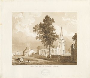 Rollestonin kirkko: punaseepiapiirros, 1836 tekijältä Thomas Peploe Wood