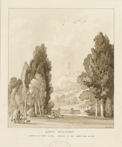 Sandon - William Pittin muistomerkki: seepiapesupiirros, 1838 tekijältä Thomas Peploe Wood
