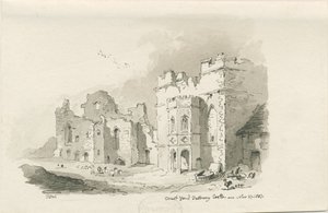 Tutbury Castle - Court Yard: kynä- ja pesupiirustus, 27. marraskuuta 1837 tekijältä Thomas Peploe Wood