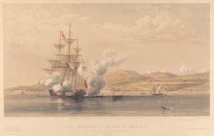H.M.S. Highflyer kapteeni John Moore C.B. c. ankkurissa Soukoum Kaleh-Abasian edustalla, Omar Pasha poistuu aluksesta, lokakuu 1855.