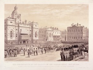 Kuningatar Victoria luovutti Krimin mitalin eversti Sir Thomas Trowbridgelle 18. toukokuuta 1855