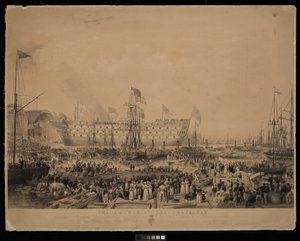 Trafalgarin vesillelasku hänen armollisen majesteettinsa kuningatar Victorian ja hänen kuninkaallisen korkeutensa prinssi Albertin läsnä ollessa Woolwichin telakalla.... tekijältä Thomas Picken