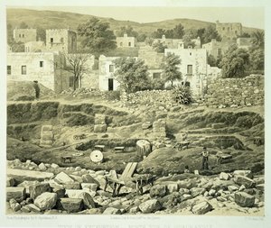 Näkymä kaivauksilta, Charles Thomas Newtonin (1816-94) teoksesta "A History of Discoveries at Helicarnassus, Cnidus, und Branchidae", julkaistu 1862.