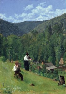 Maanviljelijä ja hänen poikansa sadonkorjuussa, 1879 tekijältä Thomas Pollock Anschutz