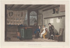 Boot & Shoe Shop, teoksesta Poetical Sketches of Scarborough, 1813, 1813. Tekijät: Thomas Rowlandson, Joseph Constantine Stadler, J. Bluck.