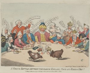 Suuri taistelu kuuluisan englantilaisen kukon ja venäläisen kanan välillä! tekijältä Thomas Rowlandson
