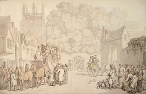 Valmentaja, joka valmistautuu lähtemään Canterbury Gatesta, Christ Church, Oxford, n. 1810-15 tekijältä Thomas Rowlandson