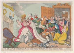 Tuhoisa katastrofi eli neiti Fubby Fatarminin peruukki syttyi tuleen, 20. syyskuuta ..., 20. syyskuuta 1813. tekijältä Thomas Rowlandson