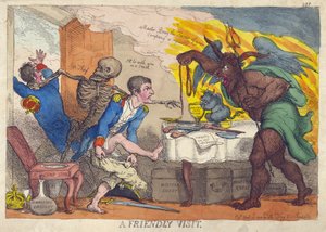 A FRIENDLY VISIT, satiiri Napoleonin tappiosta, luopumisesta ja Elbaan vetäytymisestä tekijältä Thomas Rowlandson