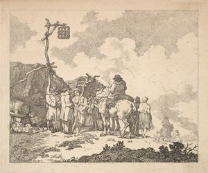 Messut - Ryhmä mustalaisia - Miehet ja naiset maalaismaisissa vaatteissa kahden tilapäisen Te...n edessä, 1786. tekijältä Thomas Rowlandson