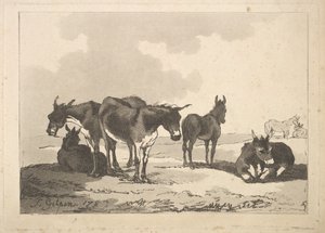 Viiden aasin ryhmä, kolme seisovaa, kaksi makaa, 1783-87. tekijältä Thomas Rowlandson