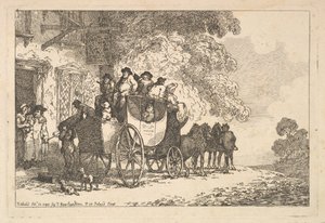 Täynnä matkustajia oleva postivaunu postitalon edessä tekijältä Thomas Rowlandson