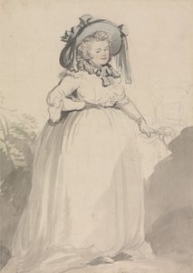 Nainen valkoisessa mekossa, jolla on sininen hattu tekijältä Thomas Rowlandson