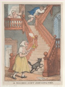 A Maiden Aunt Smeling Fire, [1. toukokuuta 1806], julkaistu uudelleen 1. toukokuuta..., [1. toukokuuta 1806], uusintapainos 1. toukokuuta 1812. tekijältä Thomas Rowlandson