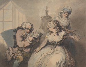 Panttilainanantaja asiakkaansa kanssa tekijältä Thomas Rowlandson